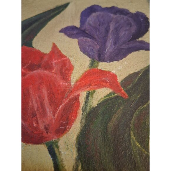 Framed Floral Oil Painting Signed FG Wooden Frame Red Purple Tulips Vintage - Picture 9 of 9